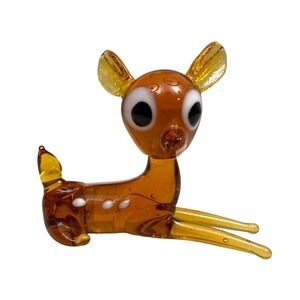 Hand Blown Murano Style Amber Glass Fawn Figurine Menagerie Collectible 1 7/8 in